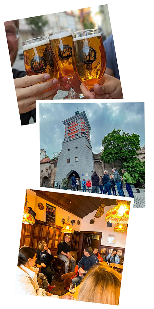 3 Impressionen von den Tavern Tours: Bild 1 mit 3 Biergläsern, Stadtführung und Vortrag in einer Kneipe